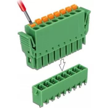 Delock PCB spaiļu bloku komplekts 8 kontakti 3,81 mm solis vertikāls zaļš (10 gabali) 65974