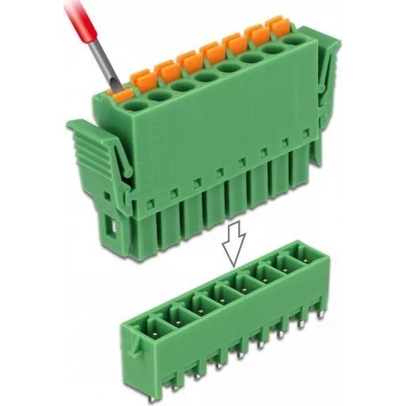 Delock PCB spaiļu bloku komplekts 8 kontakti 3,81 mm solis vertikāls zaļš (10 gabali) 65974