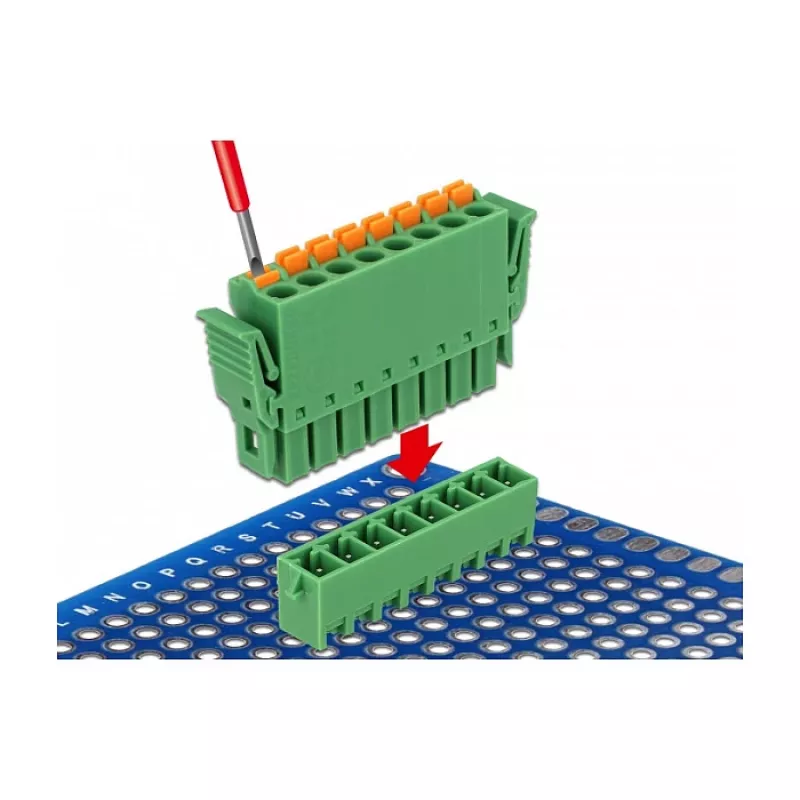 Delock PCB spaiļu bloku komplekts 8 kontakti 3,81 mm solis vertikāls zaļš (10 gabali) 65974