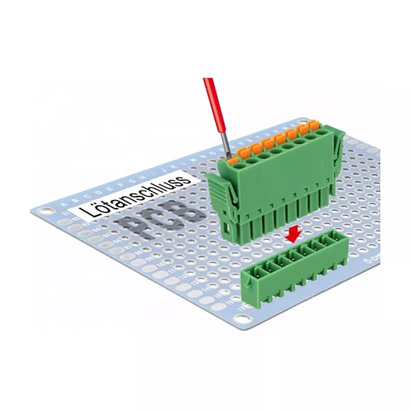 Delock PCB spaiļu bloku komplekts 8 kontakti 3,81 mm solis vertikāls zaļš (10 gabali) 65974