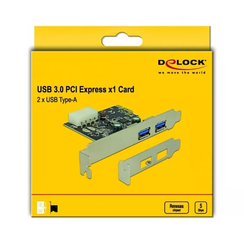 Delock PCI Express x1 kartes ar 2 x USB 3.2 Gen 1 Type-A, zema profila