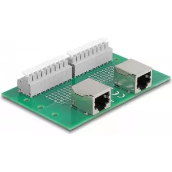 Delock RJ45 2 x sieviešu savienotājs uz 2 x spaiļu bloku ar spiedpogu DIN sliedei (66994)