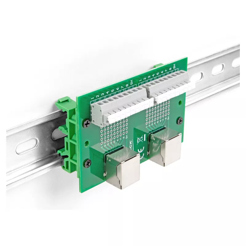 Delock RJ45 2 x sieviešu savienotājs uz 2 x spaiļu bloku ar spiedpogu DIN sliedei (66994)