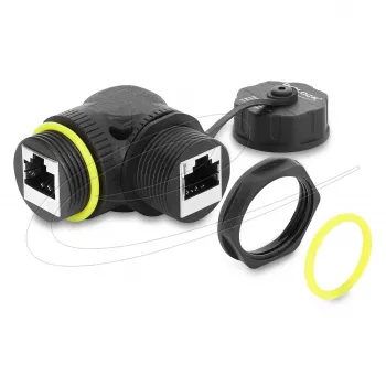 Delock RJ45 savienotājs Cat.6 Female to Female ar M23 x 1.5 mm vītni un aizsargvāciņu, 90° leņķī, IP68, melns