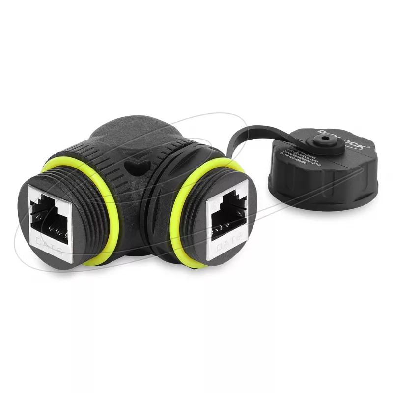 Delock RJ45 savienotājs Cat.6 Female to Female ar M23 x 1.5 mm vītni un aizsargvāciņu, 90° leņķī, IP68, melns