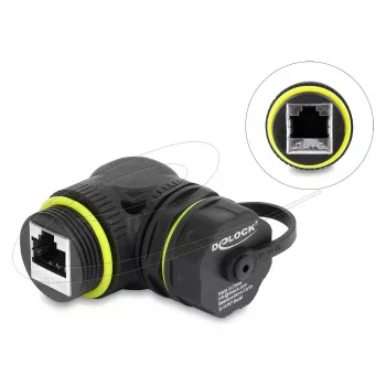 Delock RJ45 savienotājs Cat.6 Female to Female ar M23 x 1.5 mm vītni un aizsargvāciņu, 90° leņķī, IP68, melns
