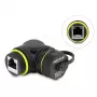 Delock RJ45 savienotājs Cat.6 Female to Female ar M23 x 1.5 mm vītni un aizsargvāciņu, 90° leņķī, IP68, melns