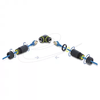 Delock RJ45 sievišķais uz RJ45 sievišķais Cat.6 savienotājs ar M23 x 1.5 mm vītni, 90° leņķī, IP68 putekļu un ūdensnecaurlaidīgs, melns