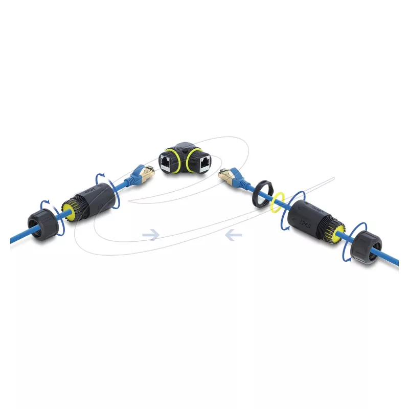 Delock RJ45 sievišķais uz RJ45 sievišķais Cat.6 savienotājs ar M23 x 1.5 mm vītni, 90° leņķī, IP68 putekļu un ūdensnecaurlaidīgs, melns