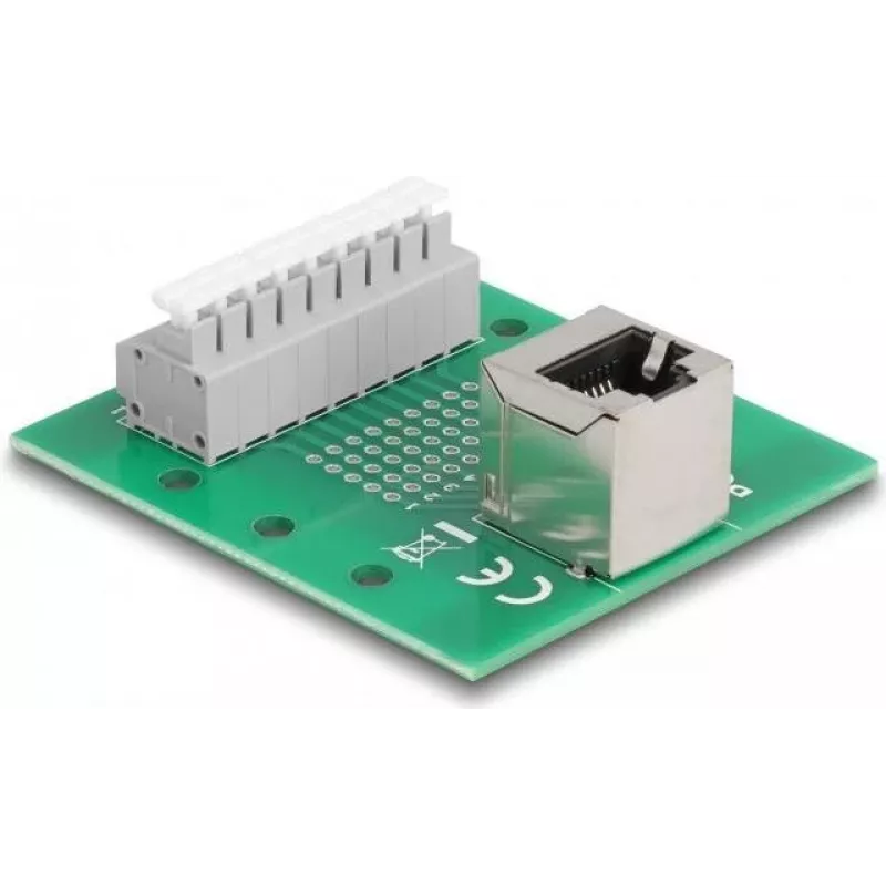 Delock RJ45 ligzda uz spaiļu bloku ar spiedpogu DIN sliedei leņķveida (66993)