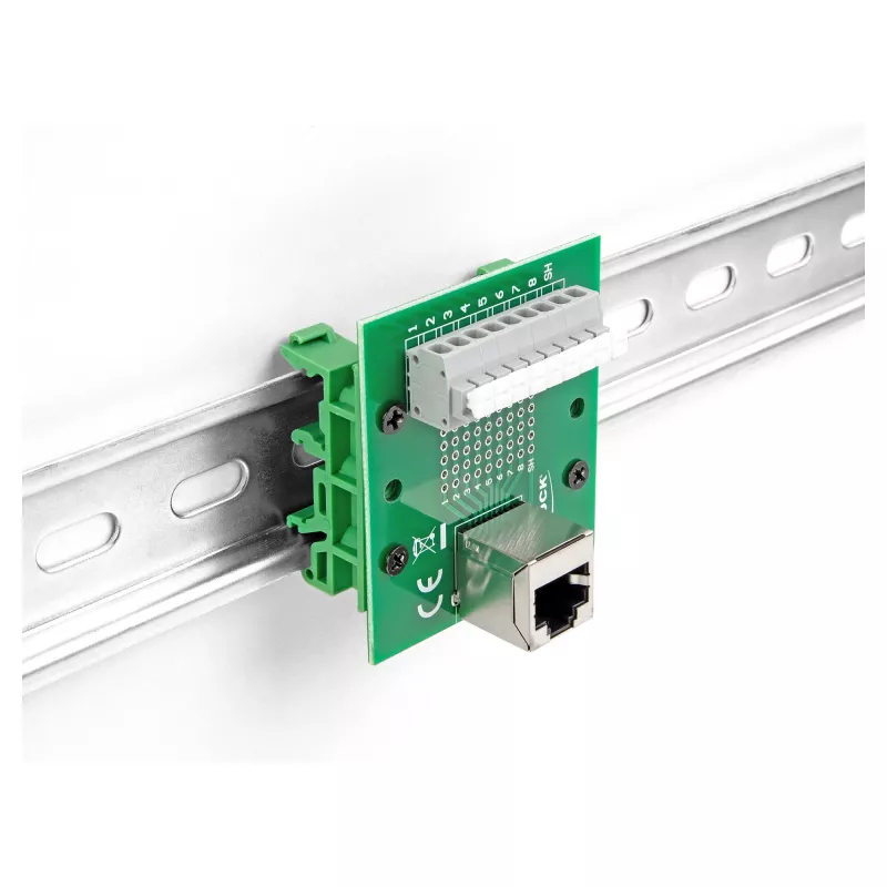 Delock RJ45 ligzda uz spaiļu bloku ar spiedpogu DIN sliedei leņķveida (66993)