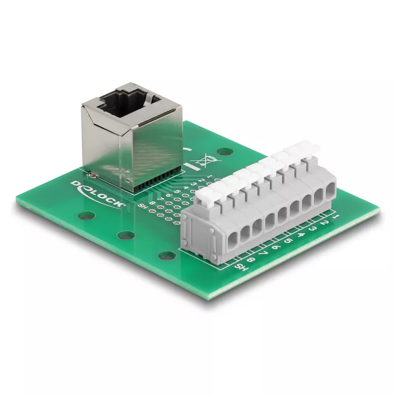 Delock RJ45 ligzda uz spaiļu bloku ar spiedpogu DIN sliedei leņķveida (66993)