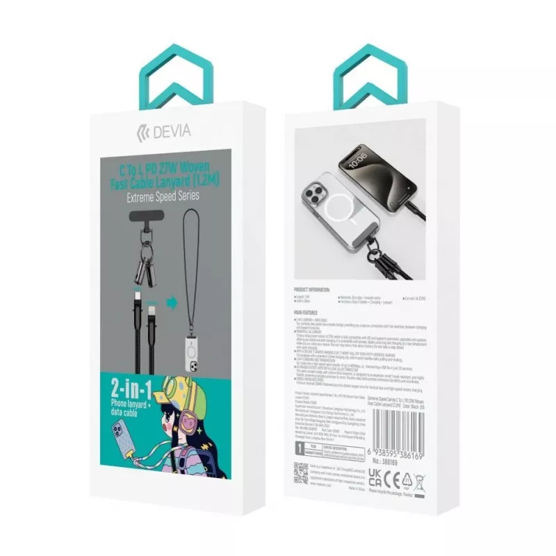 Devia 2-in-1 USB-C uz Lightning kabelis ar siksniņu 1.2m 27W Melns