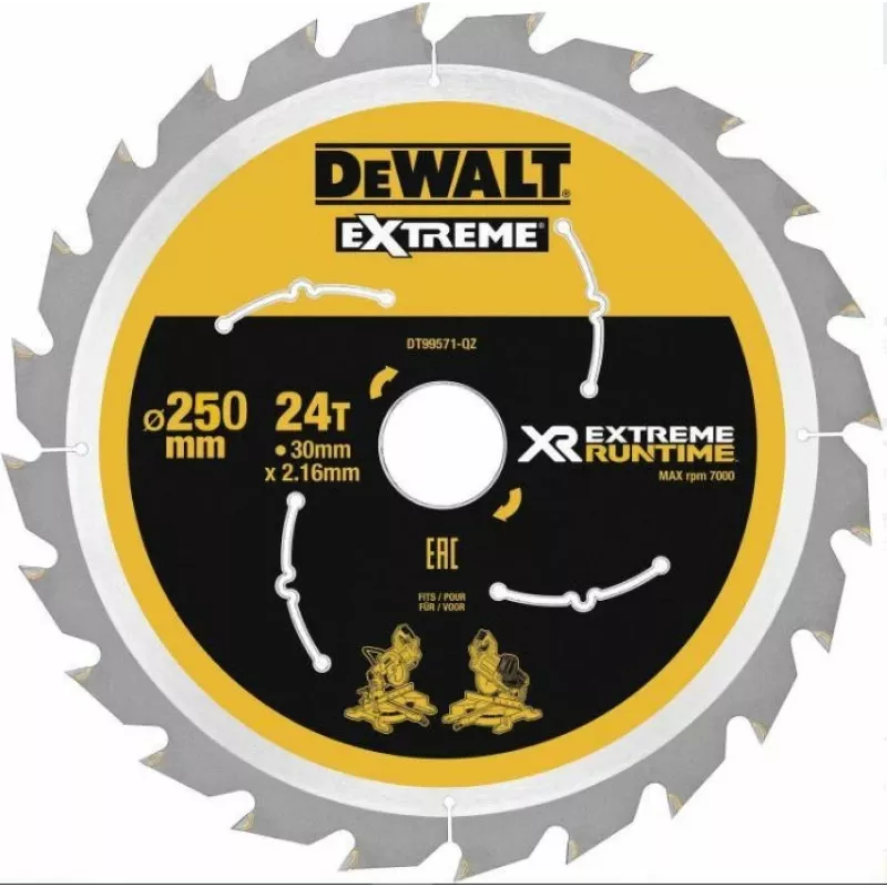 DEWALT DT99573 Ripzāģa asmens 250 mm 60 zobi TCT Smalkai griešanai Kokam, Saplāksnim, MDF, Skaidu plātnēm