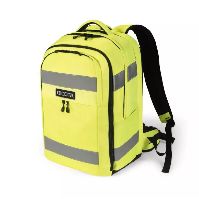DICOTA mugursoma HI-VIS 32-38 litri, melna ar neona dzelteniem akcentiem, pārstrādāts PET, ūdensnecaurlaidīga, 15.6 collu klēpjdatora nodalījums