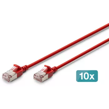 DIGITUS CAT 6A F/FTP plāns ielāpu kabelis, 1m, sarkans, 10 iepakojumā, LSZH, 10Gbps, 500MHz, RJ45, varš, bez aizķeršanās