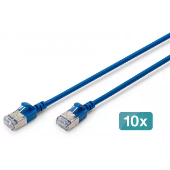 DIGITUS CAT 6A F/FTP Plāns Ielāpu Kabelis, 5 m, Zils, 10-Paka, 10 Gbps, LSZH, Zeltīts RJ45