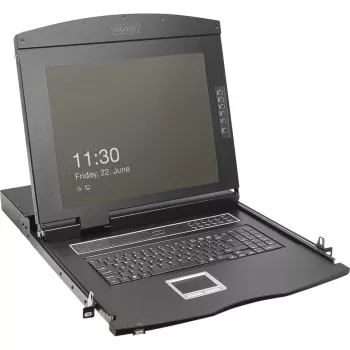 DIGITUS Modular 19 collu HD LCD KVM konsole ar 8 portu HDMI KVM slēdzi, skārienpaliktni, vācu tastatūras izkārtojumu