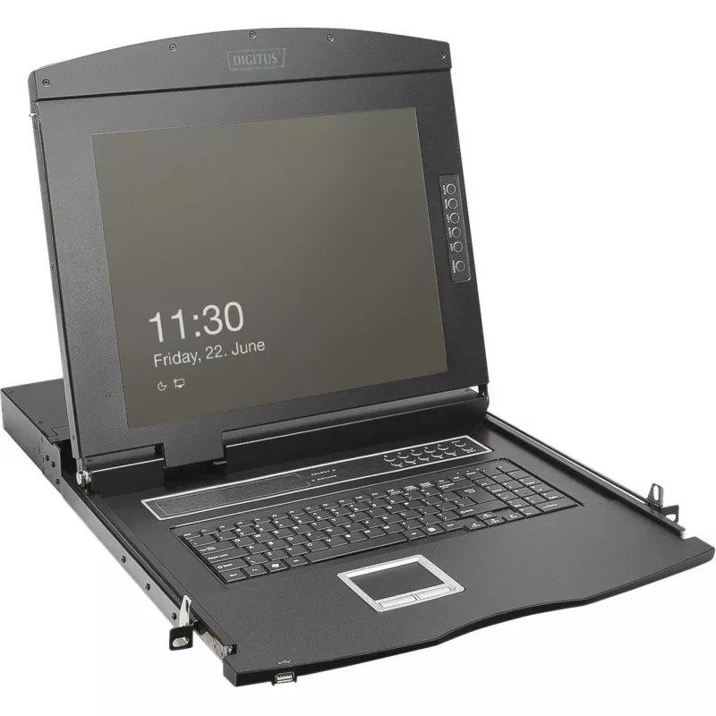 DIGITUS Modular 19 collu HD LCD KVM konsole ar 8 portu HDMI KVM slēdzi, skārienpaliktni, vācu tastatūras izkārtojumu