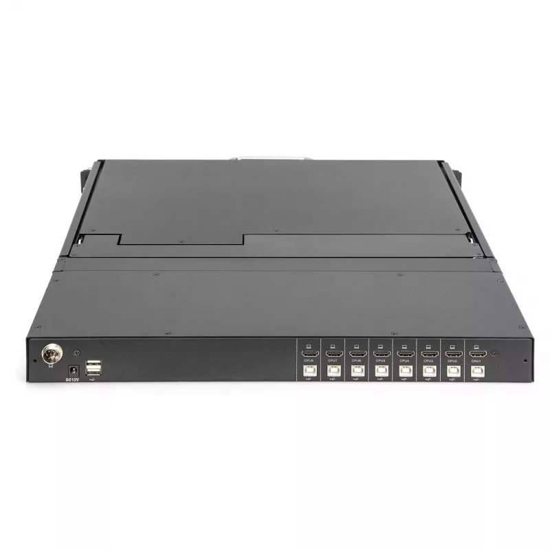 DIGITUS Modular 19 collu HD LCD KVM konsole ar 8 portu HDMI KVM slēdzi, skārienpaliktni, vācu tastatūras izkārtojumu