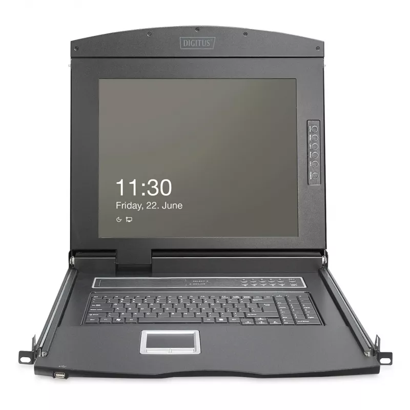 DIGITUS Modular 19 collu HD LCD KVM konsole ar 8 portu HDMI KVM slēdzi, skārienpaliktni, vācu tastatūras izkārtojumu