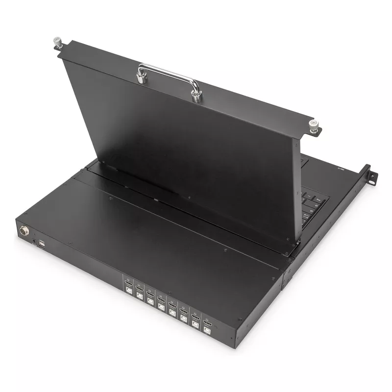 DIGITUS Modular 19 collu HD LCD KVM konsole ar 8 portu HDMI KVM slēdzi, skārienpaliktni, vācu tastatūras izkārtojumu