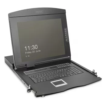 DIGITUS Modular 19 collu HD LCD KVM konsole ar 8 portu HDMI KVM slēdzi, skārienpaliktni, vācu tastatūras izkārtojumu