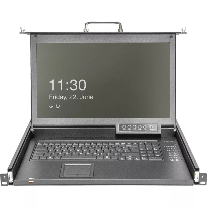 DIGITUS modulāra HD LCD KVM konsole ar 17 inch TFT, 16 portu CAT 5 KVM savienojumu, skārienpaliktni, vācu klaviatūras izkārtojumu