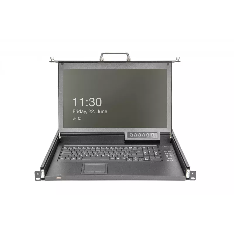 DIGITUS modulāra HD LCD KVM konsole ar 17 inch TFT, 16 portu CAT 5 KVM savienojumu, skārienpaliktni, vācu klaviatūras izkārtojumu