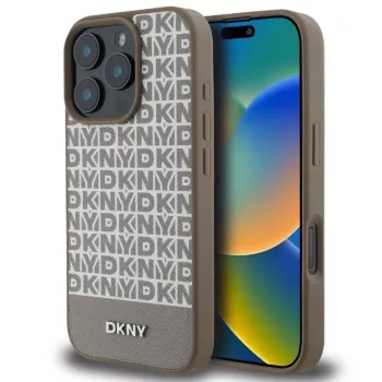 DKNY Apple iPhone 16 Pro Max PU ādas atkārtota raksta apakšējā svītra MagSafe maciņš Brūns
