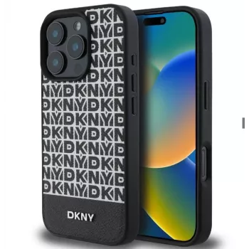 DKNY Apple iPhone 16 Pro Max PU ādas atkārtojošs raksts apakšējā svītra MagSafe maciņš Melns