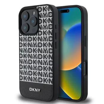 DKNY Apple iPhone 16 Pro PU ādas atkārtota raksta apakšējā svītra MagSafe maciņš Melns