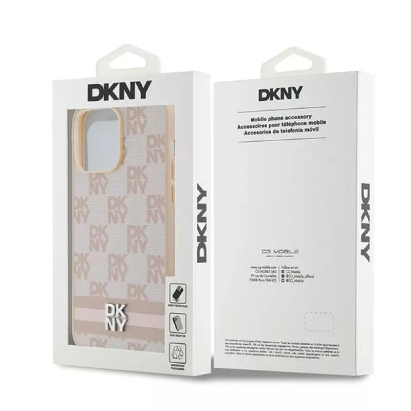 DKNY Ādas četrstūraina raksta un svītru maciņš iPhone 14 Pro Max - Rozā