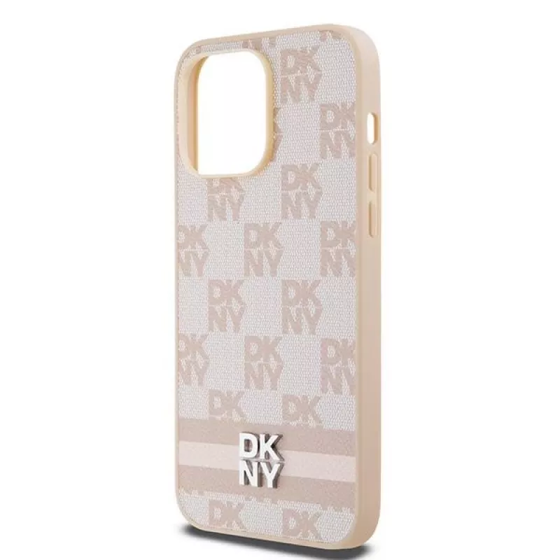DKNY Ādas četrstūraina raksta un svītru maciņš iPhone 14 Pro Max - Rozā