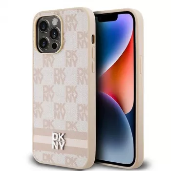DKNY Ādas četrstūraina raksta un svītru maciņš iPhone 14 Pro Max - Rozā