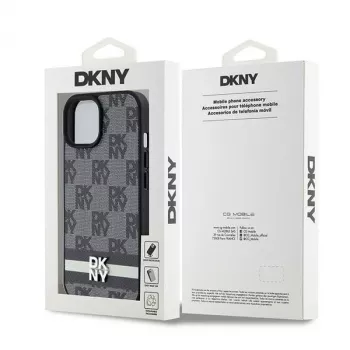 DKNY Ādas čeka raksta un drukātu svītru maciņš iPhone 15/14/13 - Melns