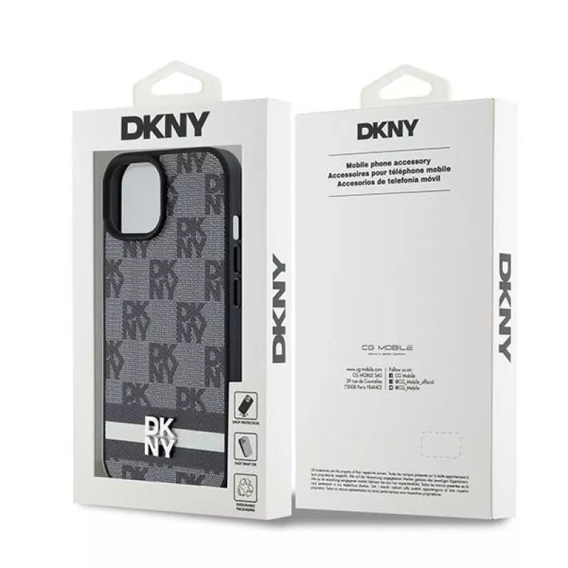 DKNY Ādas čeka raksta un drukātu svītru maciņš iPhone 15/14/13 - Melns
