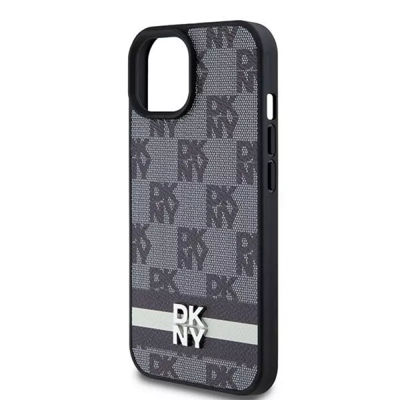 DKNY Ādas čeka raksta un drukātu svītru maciņš iPhone 15/14/13 - Melns