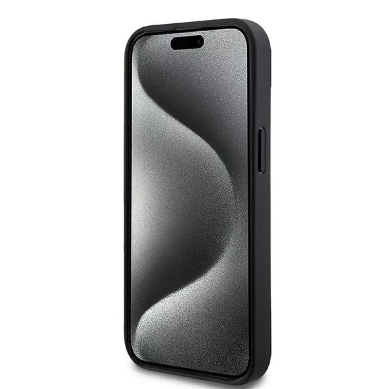 DKNY Ādas čeka raksta un drukātu svītru maciņš iPhone 15/14/13 - Melns