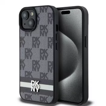 DKNY Ādas čeka raksta un drukātu svītru maciņš iPhone 15/14/13 - Melns