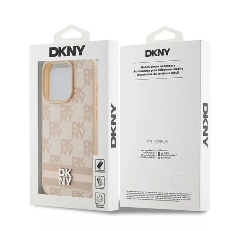 DKNY Ādas rūtainā mono raksta un svītrainā maciņa iPhone 15 Pro - Rozā
