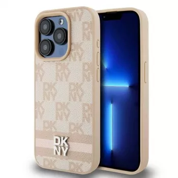 DKNY Ādas rūtainā mono raksta un svītrainā maciņa iPhone 15 Pro - Rozā