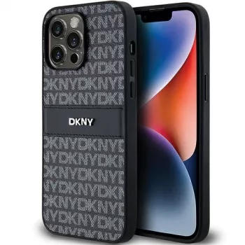 DKNY Leather Mono Stripe & Metal Logo maciņš Apple iPhone 14 Pro - Melns