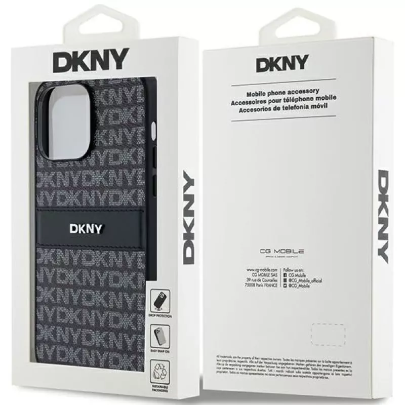 DKNY ādas Mono Stripe & metāla logotipa maciņš iPhone 14 Pro Max - melns