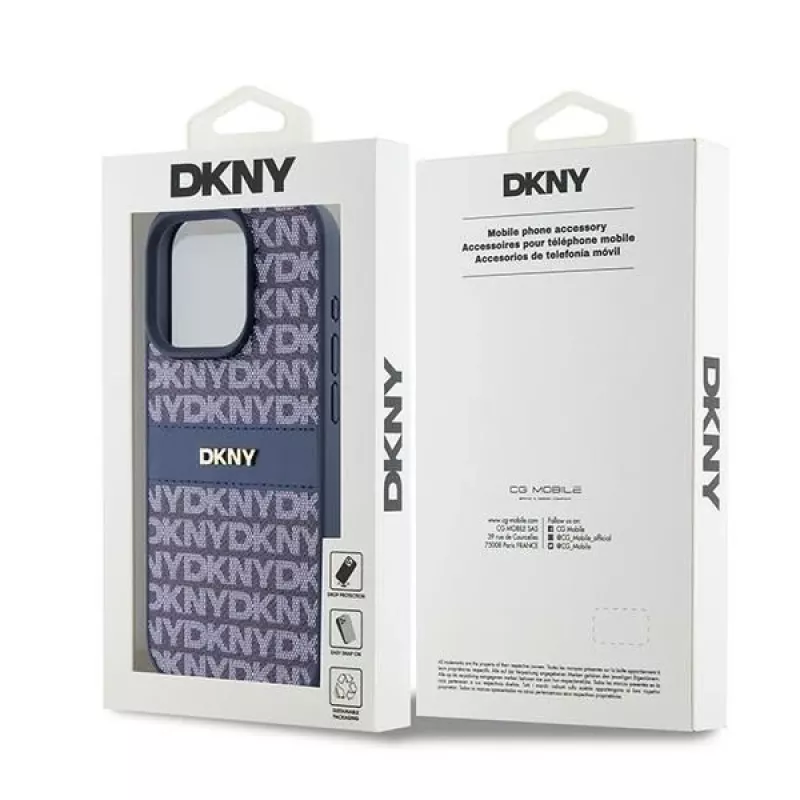 DKNY Leather Mono Stripe & Metal Logo Maciņš iPhone 15 Pro - Zils