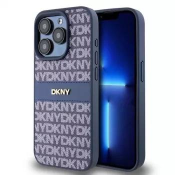DKNY Leather Mono Stripe & Metal Logo Maciņš iPhone 15 Pro - Zils