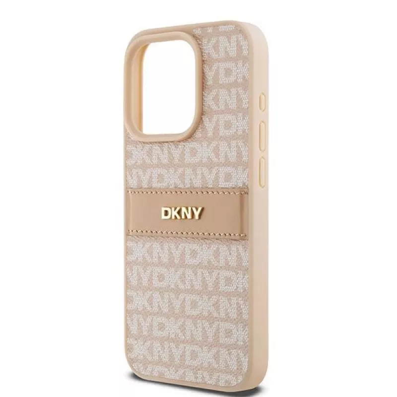 DKNY Leather Mono Stripe & Metal Logo maciņš iPhone 15 Pro - Rozā
