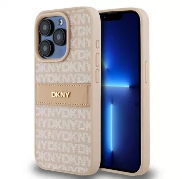 DKNY Leather Mono Stripe & Metal Logo maciņš iPhone 15 Pro - Rozā