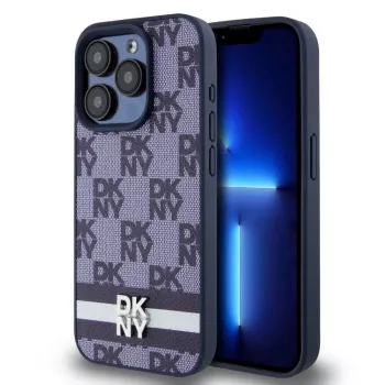 DKNY PU ādas rūtainais raksts un svītrainais maciņš iPhone 15 Pro Max zilā krāsā