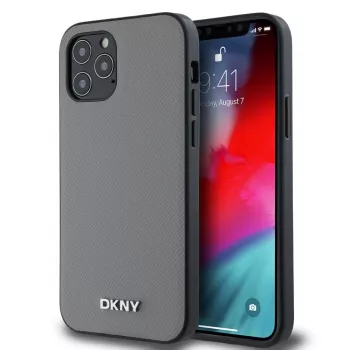 DKNY PU ādas MagSafe maciņš iPhone 12/12 Pro ar sudraba metāla logotipu - Pelēks